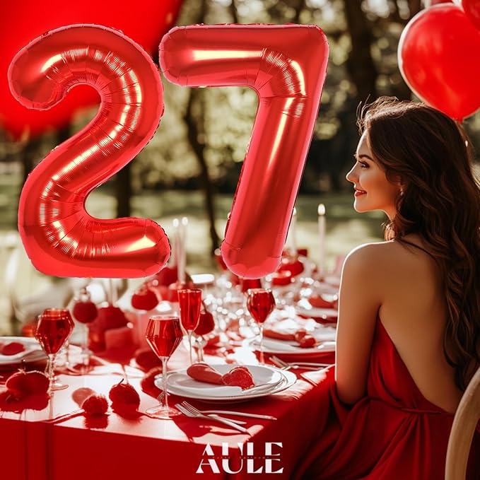 AULE 40 Inch Big Red Foil 27 Number Balloons for Women Large 27th Happy Birthday Decorations Giant Huge Helium Mylar 72 Anniversary Party Decor
