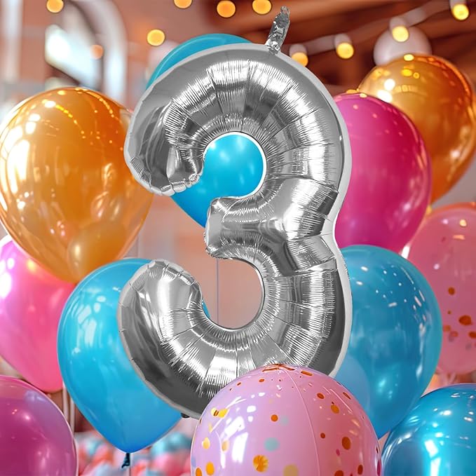 40 Inch Large Silver Number Celebration and Decoration Balloon for Birthday Parties, Graduations, Anniversaries, Weddings, Photo Shoots, Special Events - Helium Foil (Silver Number 3)