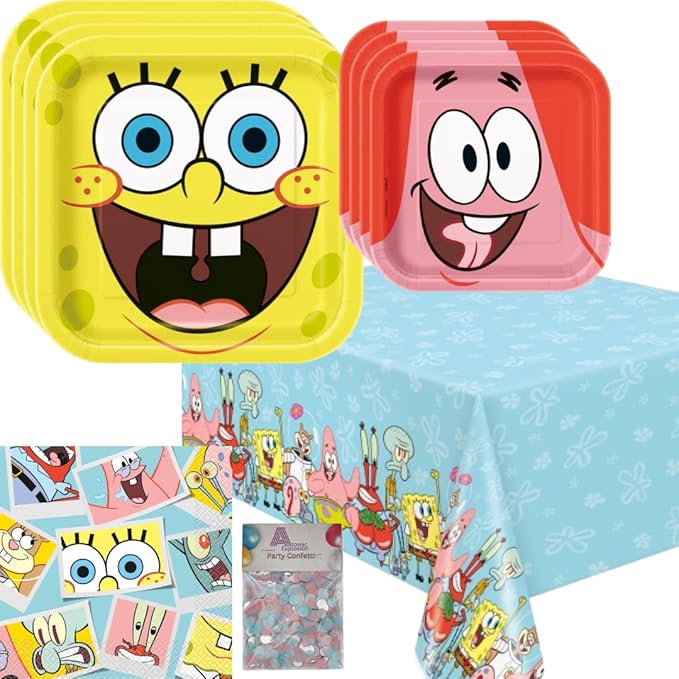 SpongeBob SquarePants Party Supplies Set, Square Plates in 9" and 7" sizes, Napkins, Tablecover with Confetti, Blue Yellow Theme, Serves 16 Guests at your Spongebob Birthday Party