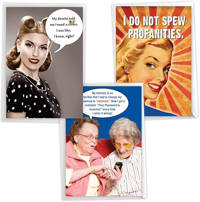 NobleWorks Assorted 3 Pack, Funny Naughty Retro Birthday Cards for Women with 5 x 7 Inch Envelopes (3 Designs, 1 Each) Laughing Ladies VC2807BDG-C1x3