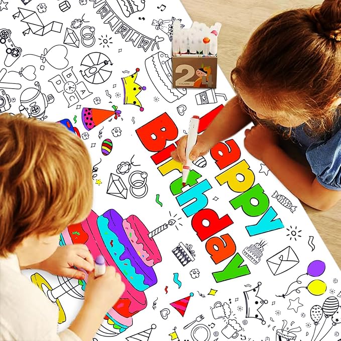 JUNQIU Happy Birthday Coloring Tablecloth, 72 * 31Inch Giant Coloring Poster for Kids, Color Paper Roll for Party Activities/Game/Birthday Party Games/Birthday Crafts for Kids