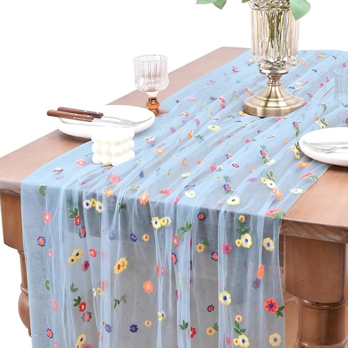 Joanlody Blue Embroidery Daisy Spring Summer Table Runner Florals Seasonal Easter Tulle Table Runner Holiday Kitchen Dining Table Decoration Wedding Party