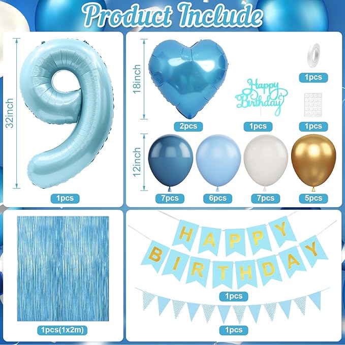 9th Birthday Decorations Blue White Gold,9th Birthday Balloons with Happy Birthday Banner Fringe Curtain Heart Foil Balloons for Boys Girls 9 Year Old Birthday Decor
