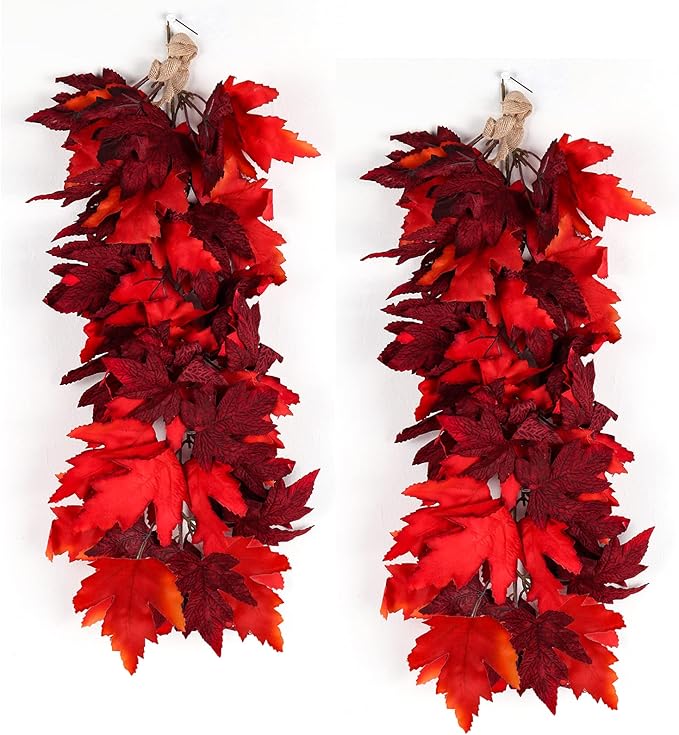 Halloween Garland Decor Indoor Table Decorations Fall Wall Hanging Artificial Black Maple Leaf Vine Decorations for Home (2 Pcs Red, Set)