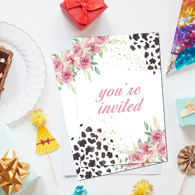 Soiceu Floral Holy Cow I'm One 1st Birthday Party Invitations with Envelopes Set of 20 Pink Farm Cow Girl 1 Year Old First Birthday Party Invites