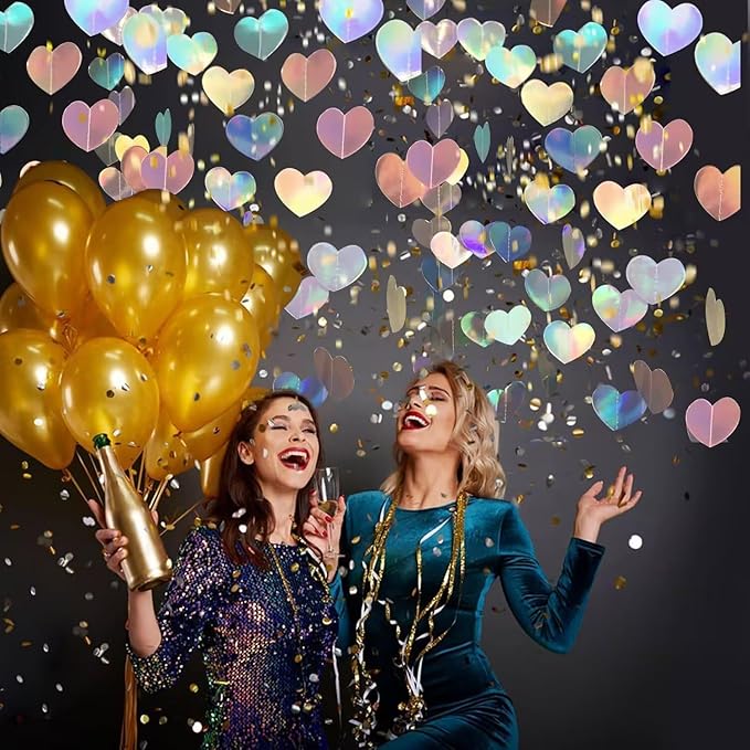 Iridescent Heart Garland Hanging Decorations, 52 Feet, Hanging Streamers Banner for Christmas Party, Wedding, Birthday Parties, Graduations Parties, Baby Showers, Valentines (Iridescent Heart)