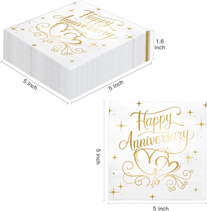 LeZakaa 25Pcs Happy Anniversary Paper Napkin, 3-Ply Gold Foil Cocktail Beverage Bar Square Disposable Napkins Guest Paper Hand Towels, Tea Party Napkins, 25th 50th Anniversary Table Decor, 5 x 5 In