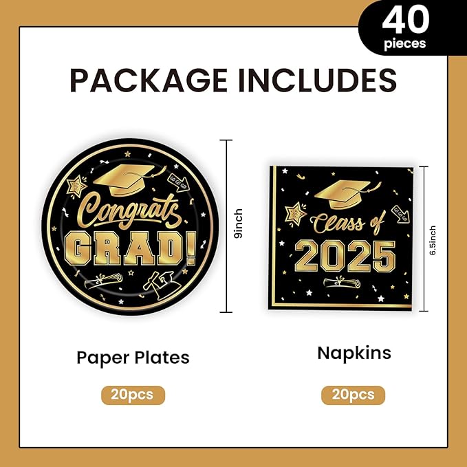 40Pcs Graduation Plates and Napkins 2025 Party Supplies, Class Of 2025 Disposable Black Gold Tableware Set for Congrats Grad Party Decorations (Graduation)