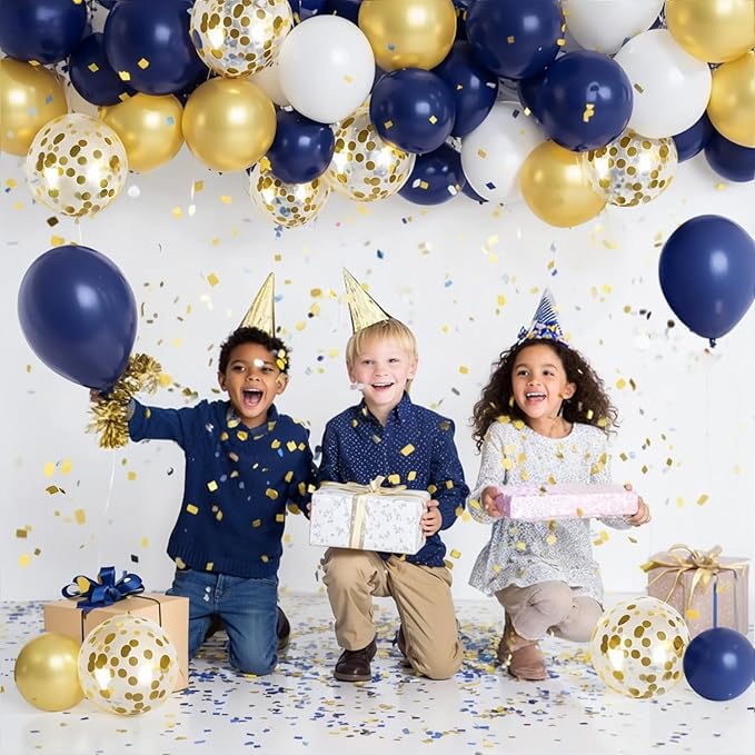 Navy Blue Gold Confetti Balloons Set,50pcs 12inch Royal Dark Blue Metallic Gold White Latex Balloons with Ribbon for Birthday Wedding Graduation Bridal Shower Party Decorations