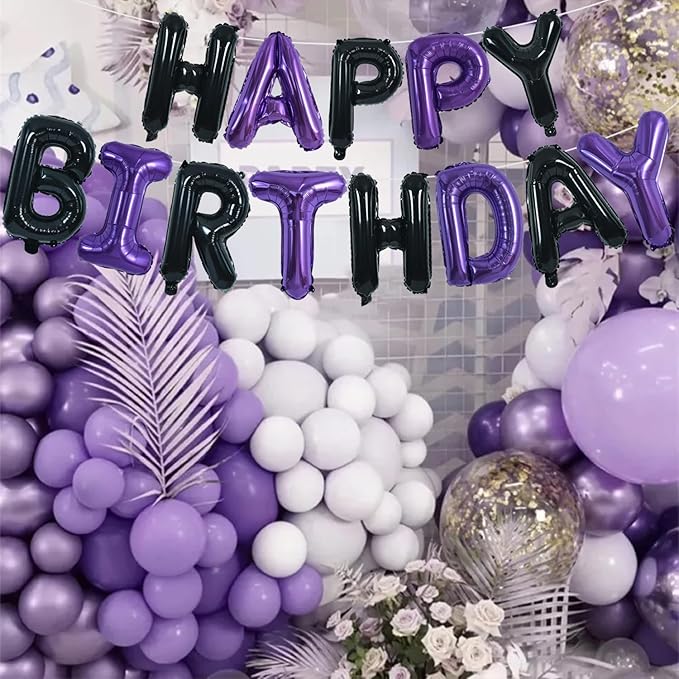 TONIFUL Happy Birthday Balloons Banner 16 Inch Mylar Foil Letters Birthday Sign Banner Bunting Reusable for Girls Boys Kids & Adults Birthday Decorations and Halloween Party Supplies（Black Purple）