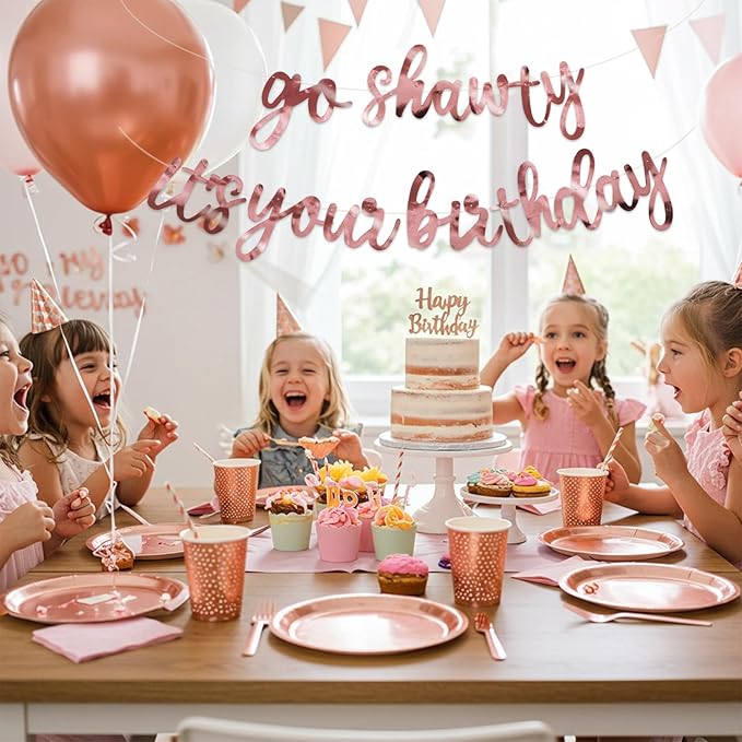 BEISHIDA Go Shawty It's Your Birthday Banner NO DIY Hip Hop Theme Happy Birthday Banner Pre-Strung Rap Theme Happy Birthday Sign for Man Women birthday Party Supply Double-Sided Bright Rose Gold
