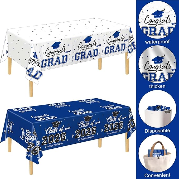 Oigco 2026 Graduation Decorations, 2 Pack Blue Graduation Tablecloths Class of 2026, Congrats Grad Plastic Rectangle Table Cloths for Graduation Party Decorations, 54 x 108 Inch