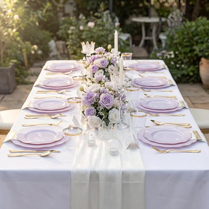 NOCCUR 175PCS Purple Plastic Plates with Gold Disposable Silverware - Include 50 Lavender and Gold Plastic Plates,25 Knives,25 Forks,25 Spoons,25 Cups and 25 Napkins - Easter Day/Spring Party