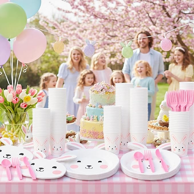 Qinyoung 147 Pcs Bunny Birthday Decorations Easter Tableware Party Supplies Some Bunny Is One Decorations Include Easter Party Plates Napkins Paper Cup Fork and Spoon Tablecloth, Serve 24 Guests