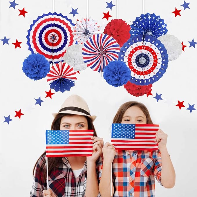 MOVINPE 4th of July Patriotic Party Decorations Set, American Flag Hanging Paper Fans, Paper Flower Balls Pom Poms, 4Pcs Star Streamers Banner Garland Independence Day Party Supplies