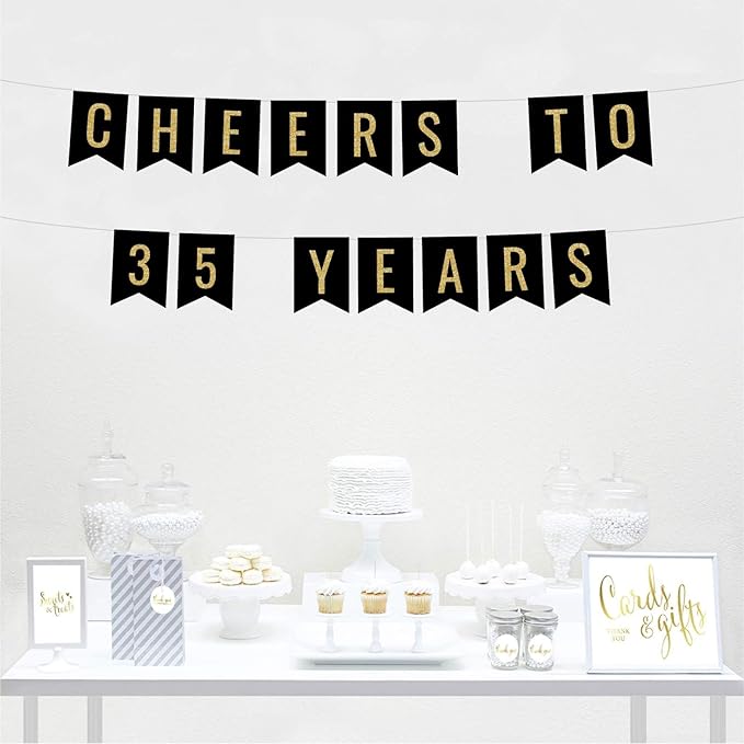 Andaz Press Faux Gold Glitter on Black Birthday Party Banner Decorations, Cheers to 35 Years, Approx 5-Feet, 1-Set, 35th Birthday Milestone Colored Hanging Pennant Decor