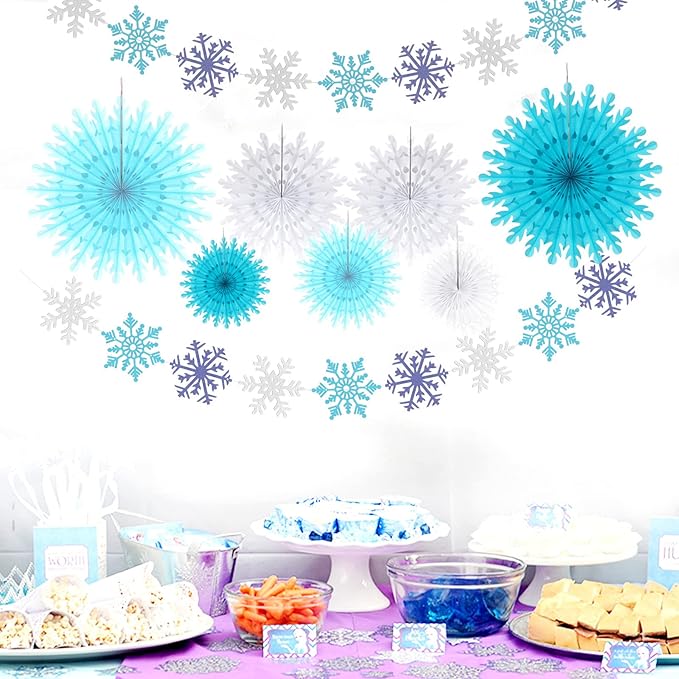 Snowflake-Snow Blue-White Christmas Frozen Party-Decorations - 9pcs Winter Girl Birthday New Year Paper Fan Banner Stareamers, Wonderland Party Supplies Decor Lasting Surprise