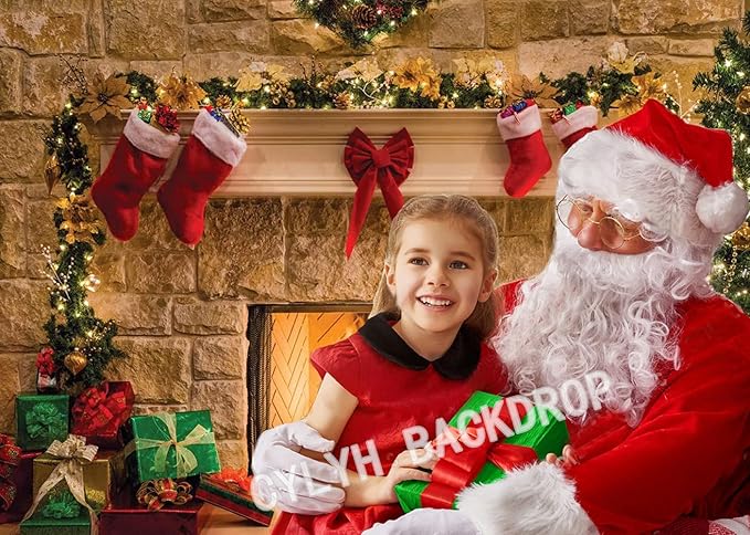 CYLYH 15x10ft Christmas Fireplace Theme Backdrop Christmas Backdrops for Photography Tree Sock Decorations for Xmas Party Supplies Photo Background
