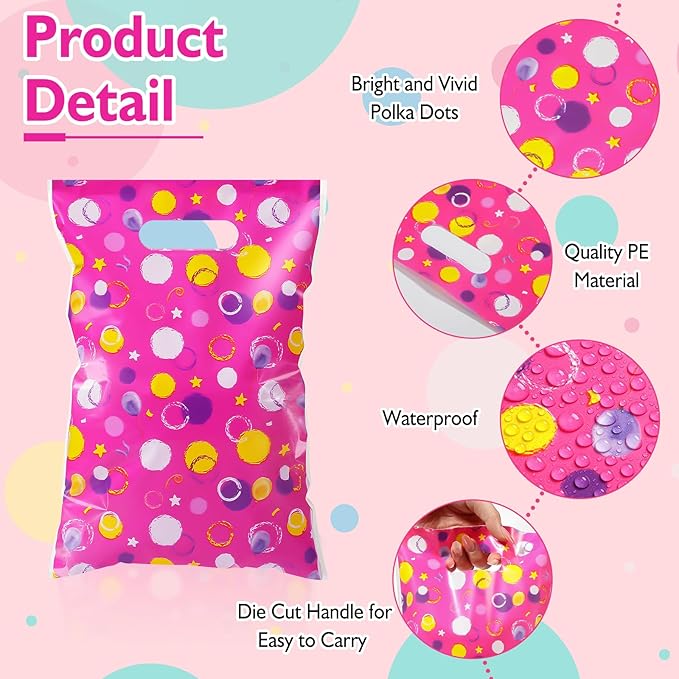 Pasimy 100 Pcs Plastic Party Favor Bags Goodie Bags Polka Dots Star Candy Poouches with Handle for Birthday Back to School Baby Shower Party Supplies Decor