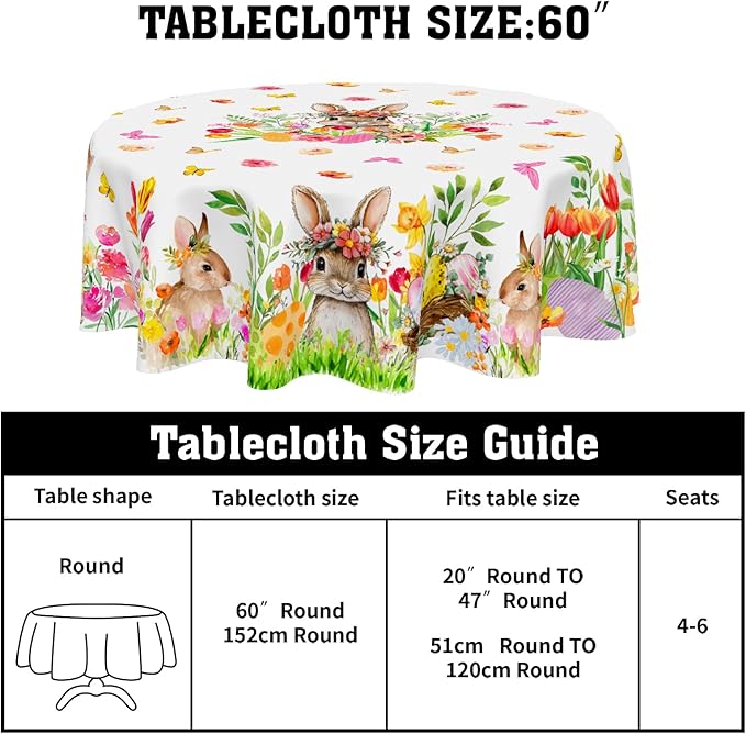 Spring Easter Tablecloth Round 60 Inch Green Bunny Easter Table Cloth Farmhouse Pink Floral Table Cover for Kitchen Dinner Room Holiday Party Indoor Outdoor Home Decor