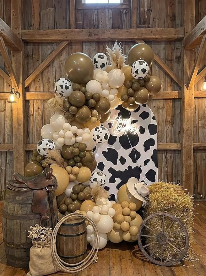 Western Cowboy Balloons Arch Kit - Brown Light Brown Nude Sand White Cow Print Different Size Balloons Garland Kit for Western Cowboy Farm Baby Shower Farm Animal Birthday Party Decorations