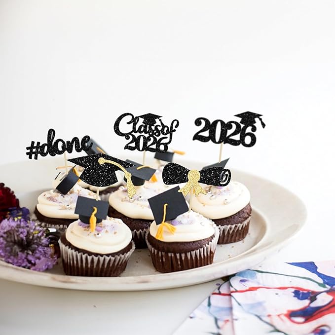 Gyufise 30Pcs 2026 Graduation Cupcake Toppers Gold Glitter Class of 2026 Cake Toppers Graduation Done Cupcake Picks Grad Cap Diploma Cake Decorations for 2026 Graduation Theme Party Cake Decorations