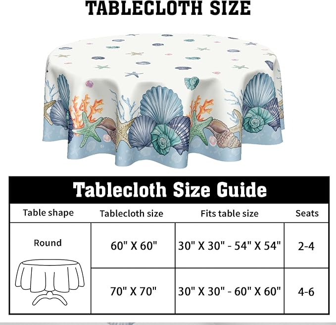 Summer Nautical Coastal Round Tablecloth 70 Inch Coral Shells Starfish Circle Table Cloth Blue Table Cover Washable Polyester Decorations for Kitchen Dinning Room Party