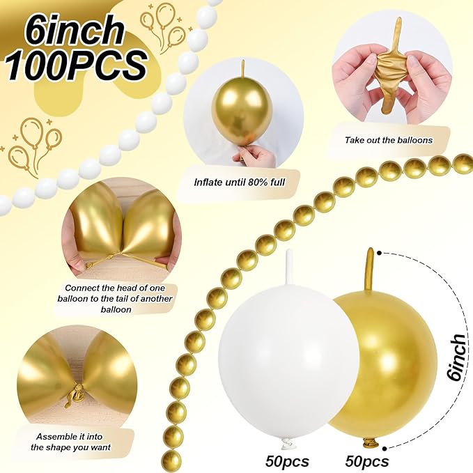 White and Gold Quick Link Balloons, 100PCS 10 Inch Small Baby Pink Linking Balloons for Making Balloon Wall Heart Arch Tails Balloon for Girls Wedding Birthday Baby Shower Engagement Party Decorations