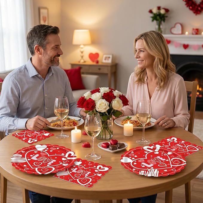 Valentines Day Plates and Napkins Set - 40 Pcs Disposable Red Heart Party Supplies for 20 Guests, Includes 20 Dinner Plates (9 Inch) & 20 Valentine Napkins for Galentines Party Decorations