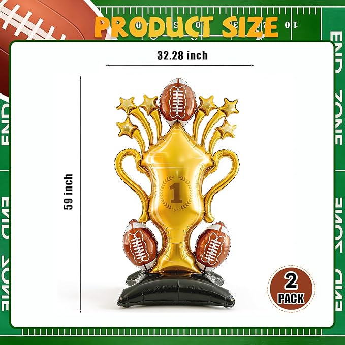 2-Piece Football Party Decoration Set - 5 ft Large Self Standing Football Foil Balloons, Suitable for Game Day Celebrations and Sports Themed Party Decorations (Trophy)