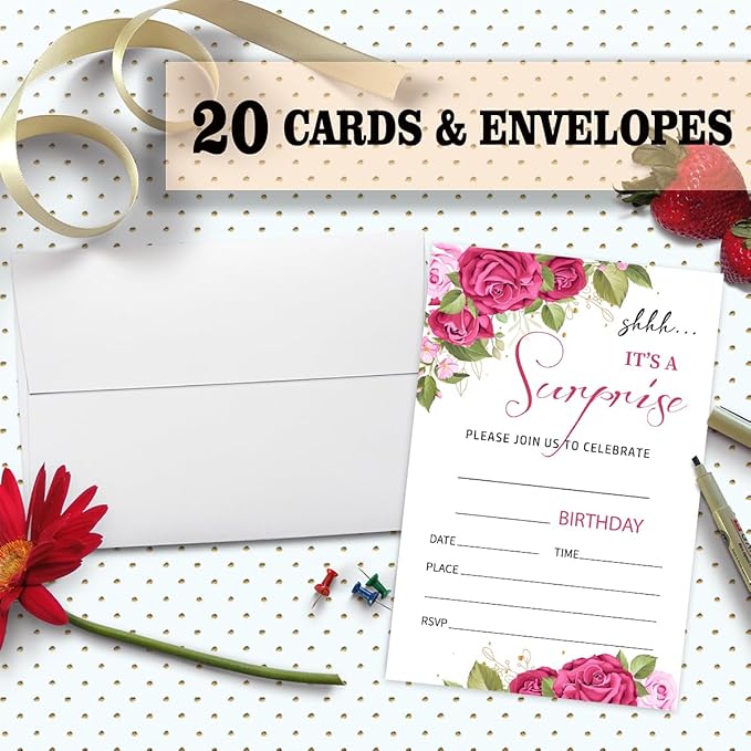 Rose Floral Surprise Party Invitation Cards for Women Men, Surprise Birthday Invites for Adult, Party Supplies Favors, 20 Cards With 20 Envelopes -14