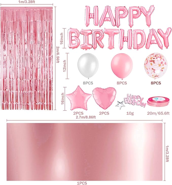MOVINPE Pink Birthday Party Decoration, Happy Birthday Banner, Rose Gold Fringe Curtain, Foil Tablecloth, Heart Star Foil Confetti Balloons, 10g Table Confetti for Women Girl Birthday Party