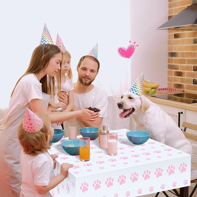 Tatuo 2 Pcs Puppy Paw Print Plastic Tablecloth Disposable Table Cover Puppy Themed Birthday Party Decorations for Dog Party Supplies (Pink,71 x 54 Inch)