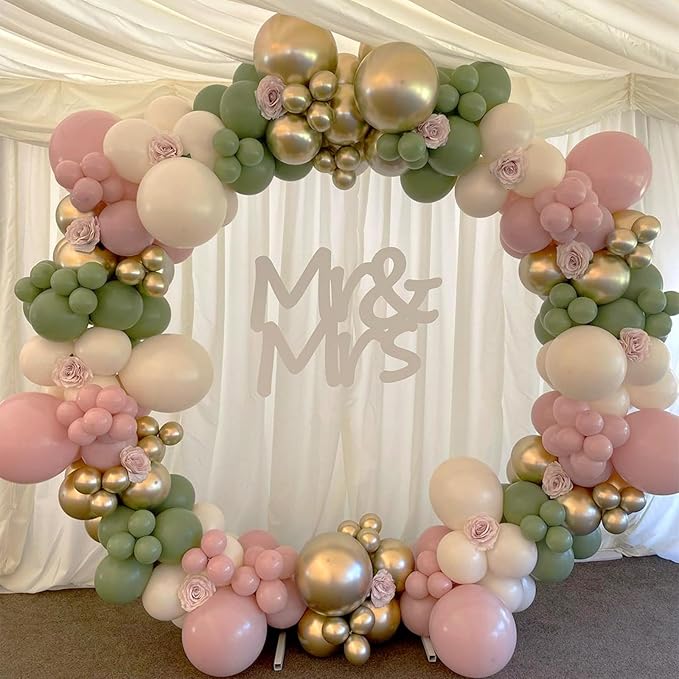 Sage Green Pink Balloon Arch Kit-144pcs Sage Green Pastel Pink Sand White Chrome Gold and Confetti Latex Balloon Garland for Girl Baby Shower Wedding Birthday Jungle Safari Woodland Party Decorations