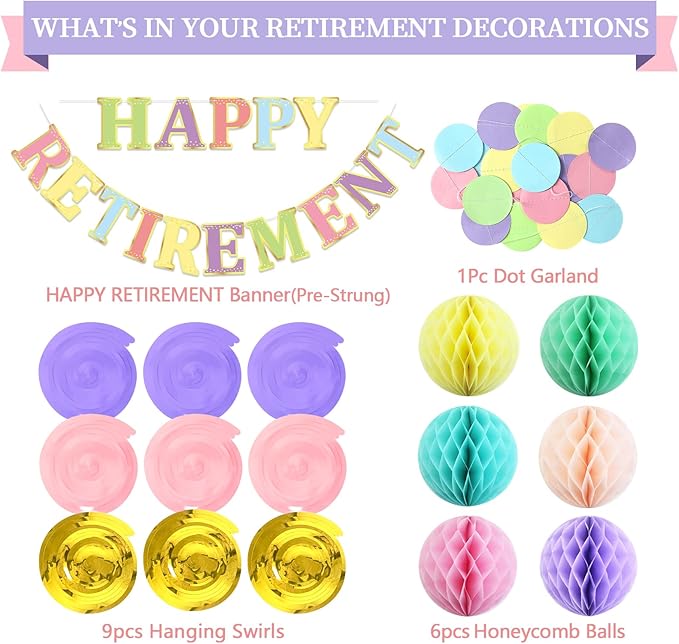 Retirement Party Decorations Kit for Women - 17-Piece Elegant Pastel Set with Pre-Strung Banner, Honeycomb Balls, Swirls & Garland | Instant Setup Party Decor | Retirement Gifts & Supplies