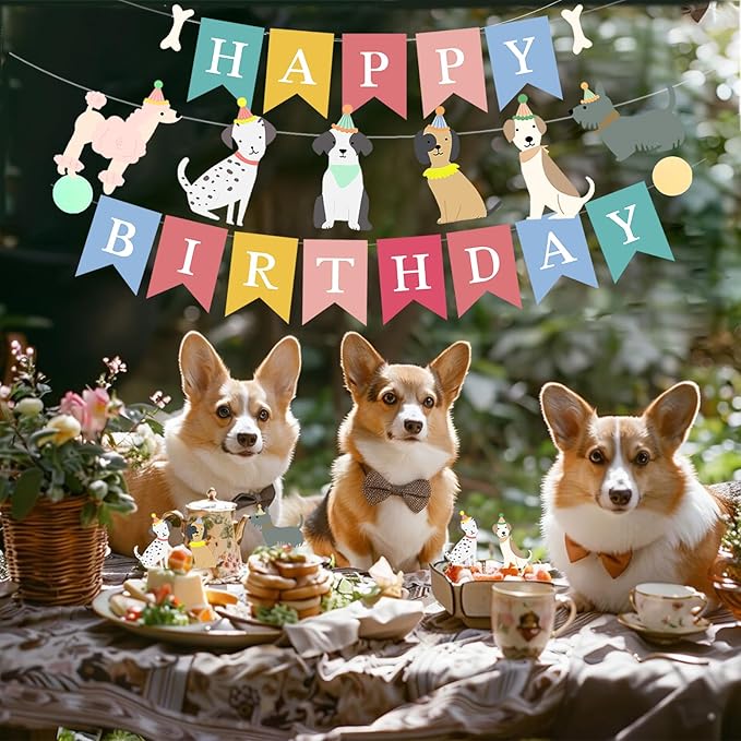 Dog Themed Happy Birthday Banner 12PCS Pet Dog Cupcake Toppers Baby Shower Party Supplies (Banner+Cupcake Toppers)