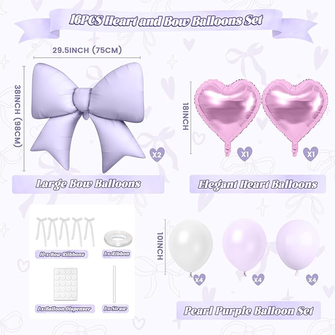 18Inch Purple Heart Balloon, 38 Inch Bow Balloons, Pearl Purple Light White Balloon and Bow Heart Shaped Foil Balloons for Lavender Birthday Wedding Bridal Baby Shower Valentines Day Decorations