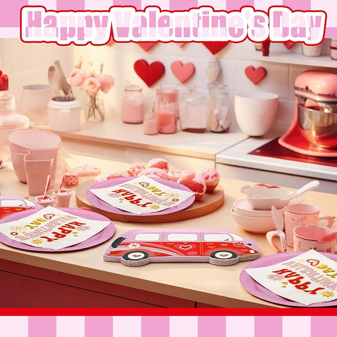 Zhehao 96 Pcs Groovy Valentine's Day Party Supplies Set for 24 Guests Pink Smile Face Plates 9 oz Cups Napkins Pink and Red Groovy Hippie Valentine's Day Party Decorations