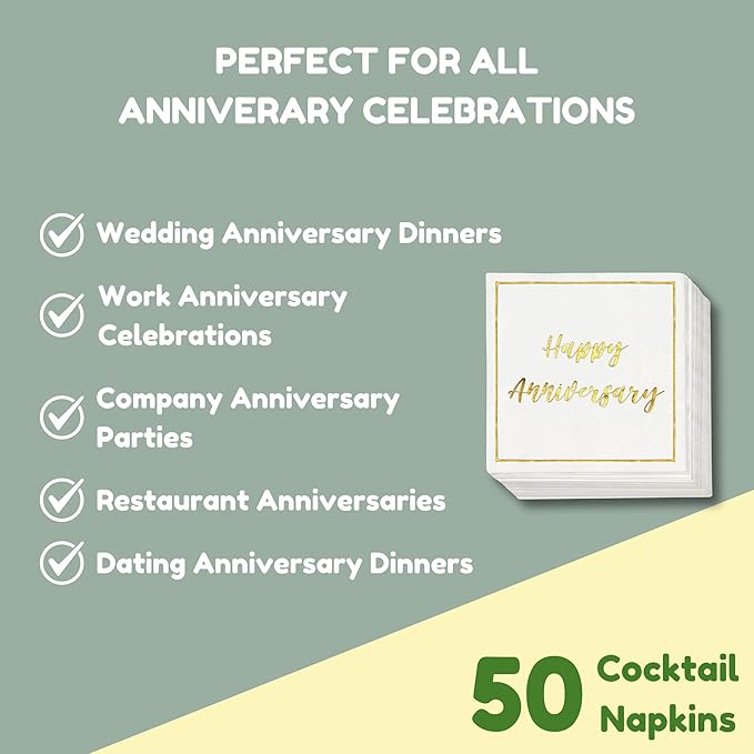 Happy Anniversary Decorations, 50 Pack, Gold Foil Cocktail Napkins, Wedding Dating Anniversaries Decorations Decor Supplies, Beverage Napkin