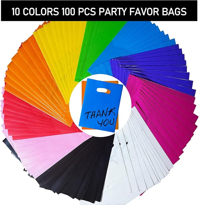 Goodie Bags, 100 PCS 6" x 8" Party Favor Bags, Thank You Bags, Small Gift Bags for Kids, Merchandise Bags for Small Business, Goody Bags for Weddings, Christmas, Halloween, Craft,10 Color
