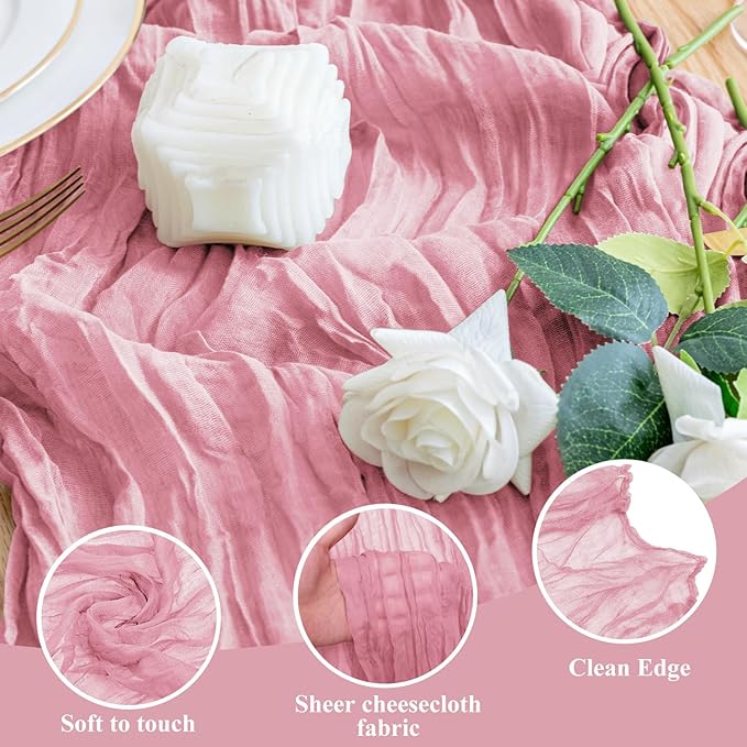 Wokceer Cheesecloth Table Runner 12Pack 10FT Pink Boho Gauze Cheese Cloth Table Runner for Party Long Rustic Sheer Table Runners for Baby Bridal Shower Wedding Easter Table Decor
