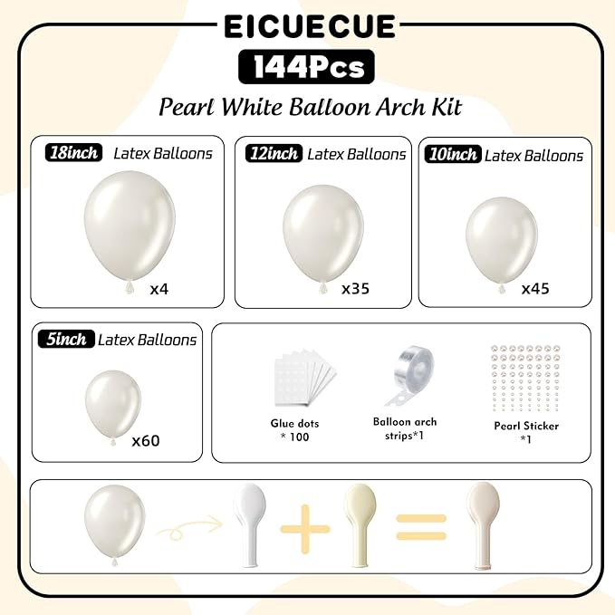 Pearl White Balloon Arch Kit - 144Pcs Different Sizes Double Stuffed Pearl Sand White Balloons and Pearl Stickers Garland Kit for Wedding Bridal Shower Engagement Birthday Party Decorations