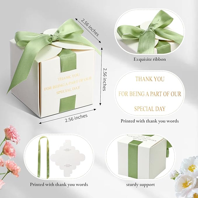 Marspark 50 Pcs Wedding Favor Boxes, 2.5 x 2.5 x 2.5 Inch Wedding Party Candy Boxes with Green Ribbons Bridal Gift for Guests Bridal Shower Birthday Party Anniversary Supplies
