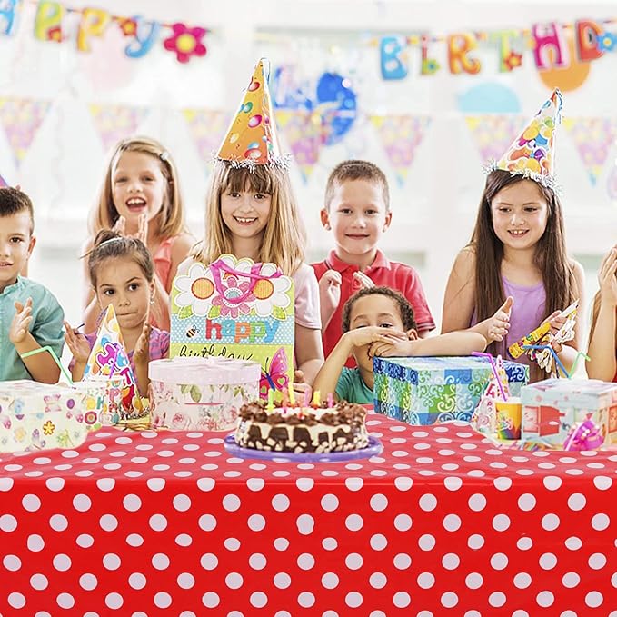 Kesfey 5 Packs Red Polka Dot Plastic Tablecloth 54 x 108 Inch Mickey Mouse Table Cloths Waterproof Disposable Red Picnic Table Covers Rectangle Red and White Dot Carnival Tablecloth for Birthday Party