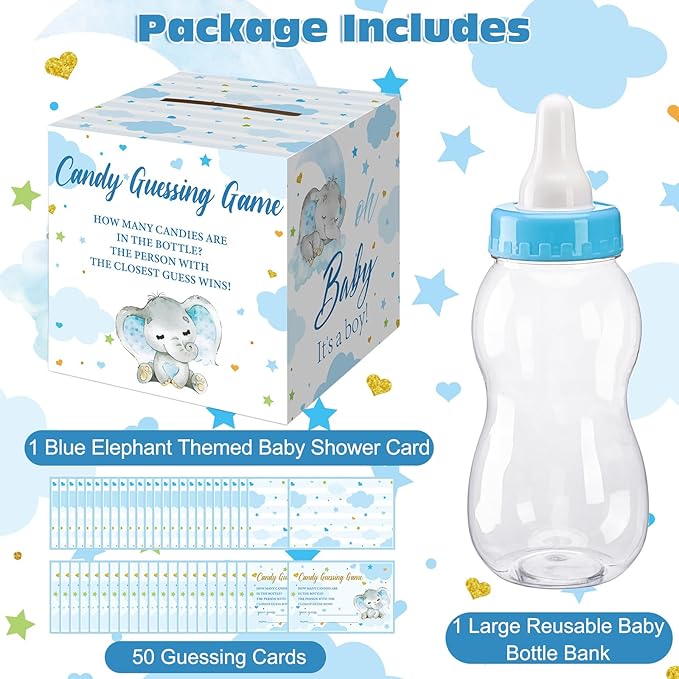 Glenmal 52 Pcs Baby Shower Games Gift Sets Large Baby Bottle for Shower Game Guess How Many Candies Decorations for Gender Reveal(Blue Elephant)