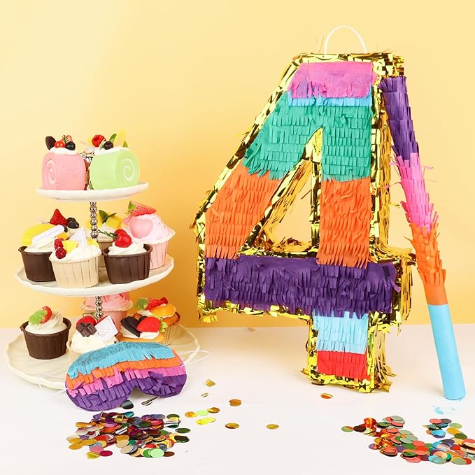 Rainbow Number 4 Pinata for Kids 4th Birthday Party Supplies, Fiesta, Centerpieces, Anniversary Celebrations (16.1 x 10.6 x 3.2 Inches)