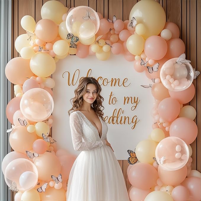 Pastel Pink Peach Balloon Arch Kit, Double Stuffed Pastel Light Pink Orange Ivory White Clear Bobo Spring Balloons Garland Kit for Wedding Bridal Shower Birthday Party Decoration