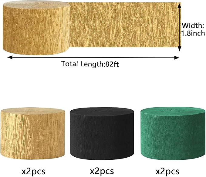 We Moment Black and Dark Green Gold Crepe Paper Streamers Party Streamer 1.8 Inch Widening 6 Rolls,Black and Dark Green Gold Party Decorations Streamer 82 feet per roll for Birthday Party Decorations