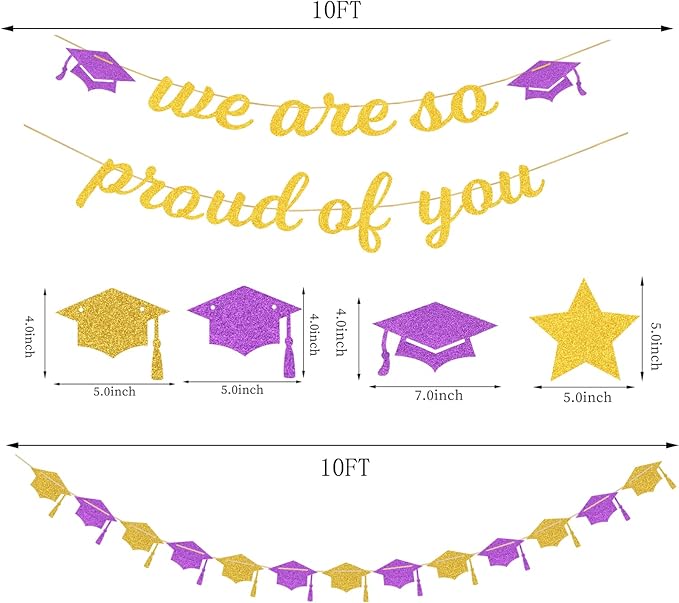Purple White-Gold Party-Decoration Graduation Banner - 8pcs Kits Cap Garland Streamers, Paper Tissue Pom Poms Flowers,We are So Proud of You Congratulations Grad 2024 Decor Lasting Surprise