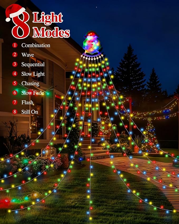 Christmas Waterfall Outdoor String Lights, Christmas Tree Lights with Topper 335 LED 11.48ft 9 Strands, 8 Lighting Modes Holiday New Year Decoration Lights for Wedding Yard Party Home Indoor Decor